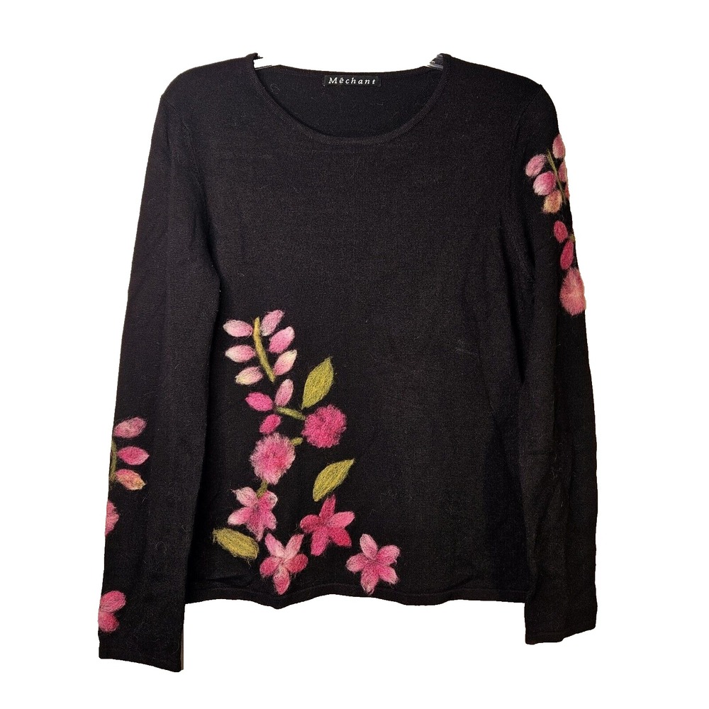 Black Dark Floral Pink Felted‎ Applique Cottagecore Sweater Med Boho Whimsigoth